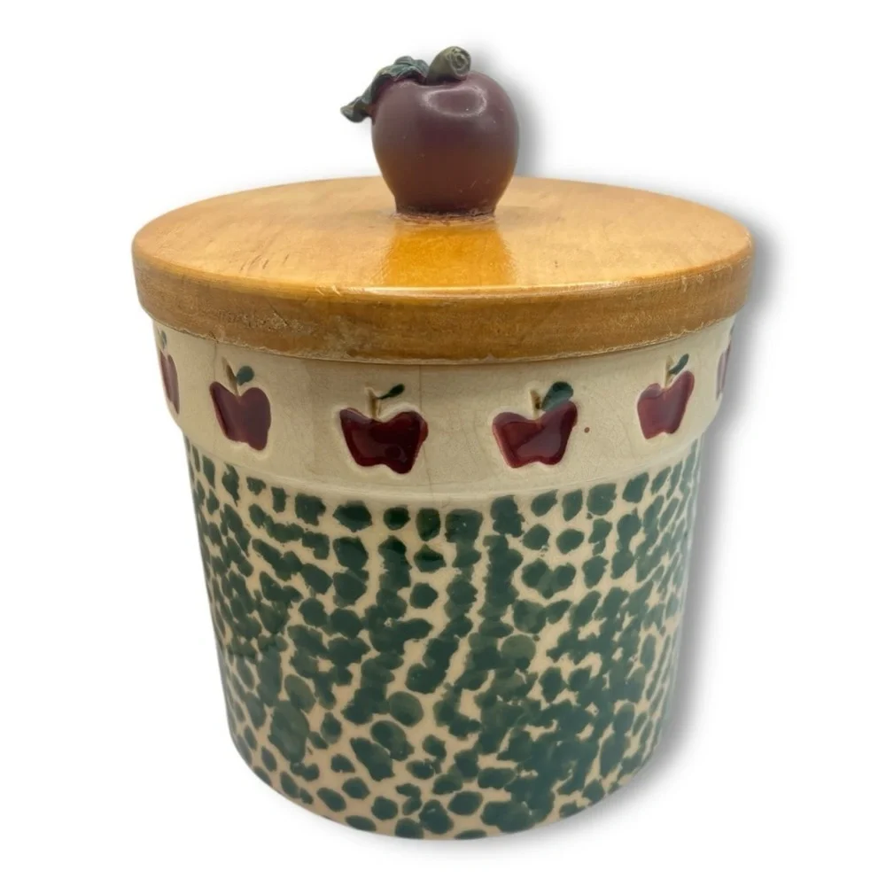 Vintage 90’s Country Apple Green Spongeware Stoneware Crocks/Canisters-set of 2